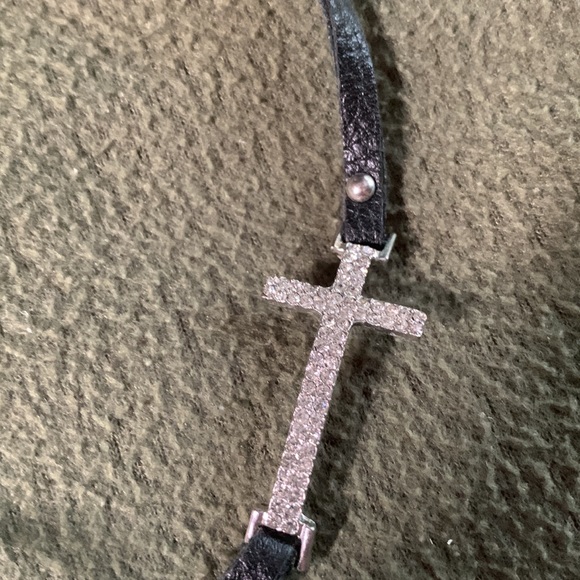 Black leather studded bracelet with cross.  Double wrap.  23 inches. - Picture 2 of 3